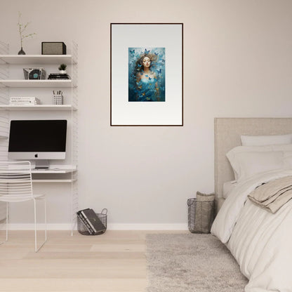 Framed canvas print of a woman’s face with butterflies in dreamy blue for room decoration