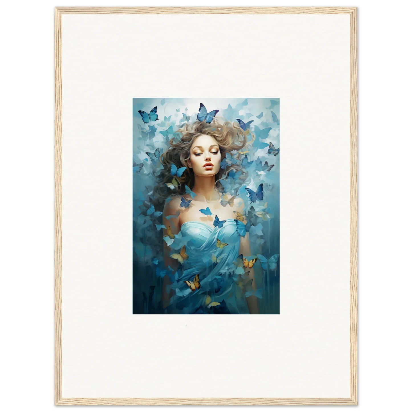 Framed canvas print of a woman with blue butterflies for dreamy room decoration