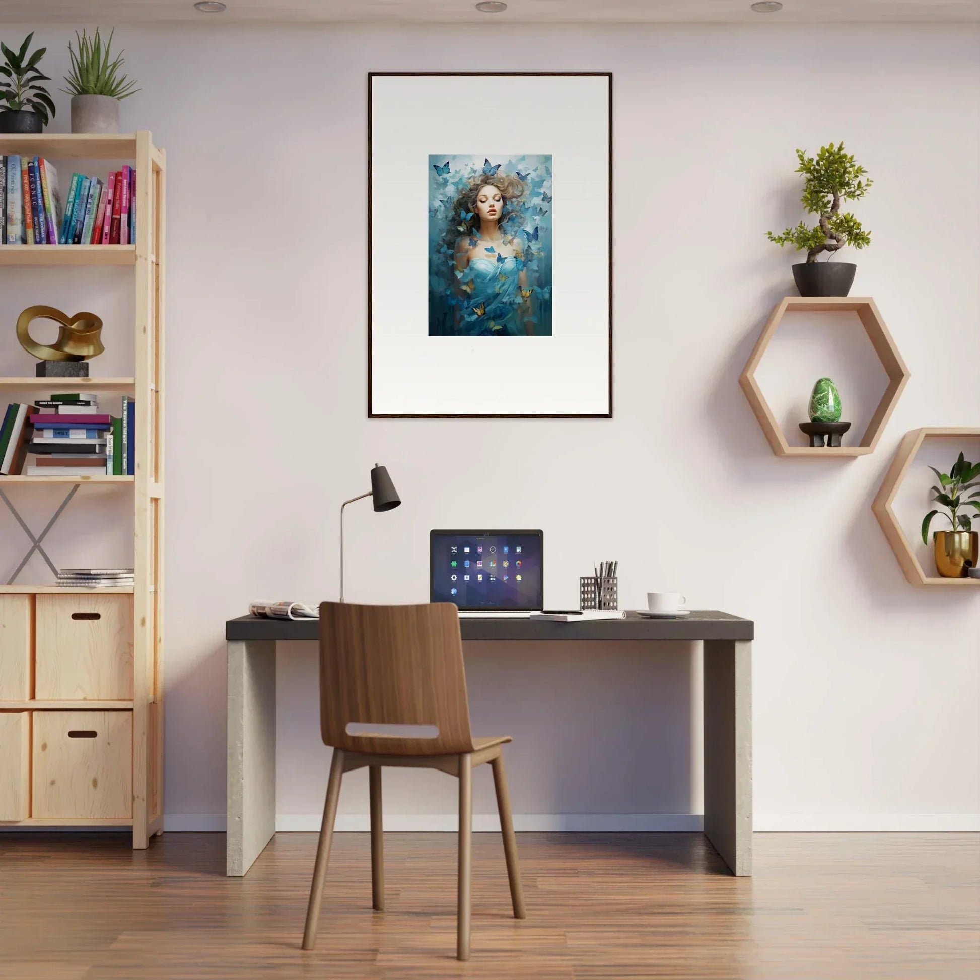 Modern home office with desk and canvas print for dreamy room decoration vibes