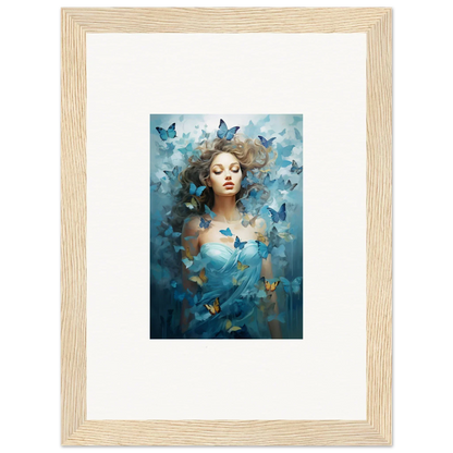 Framed canvas print of a woman with blue butterflies for dreamy room decoration