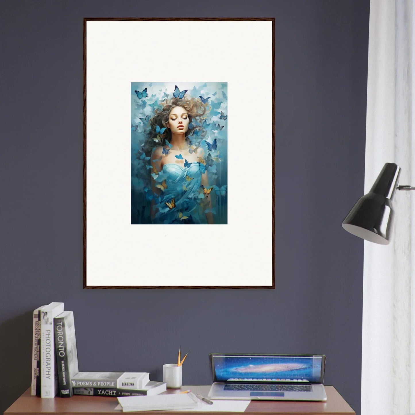 Framed Canvas Print of a Woman with Butterflies in Dream Symphonies Blue Tones