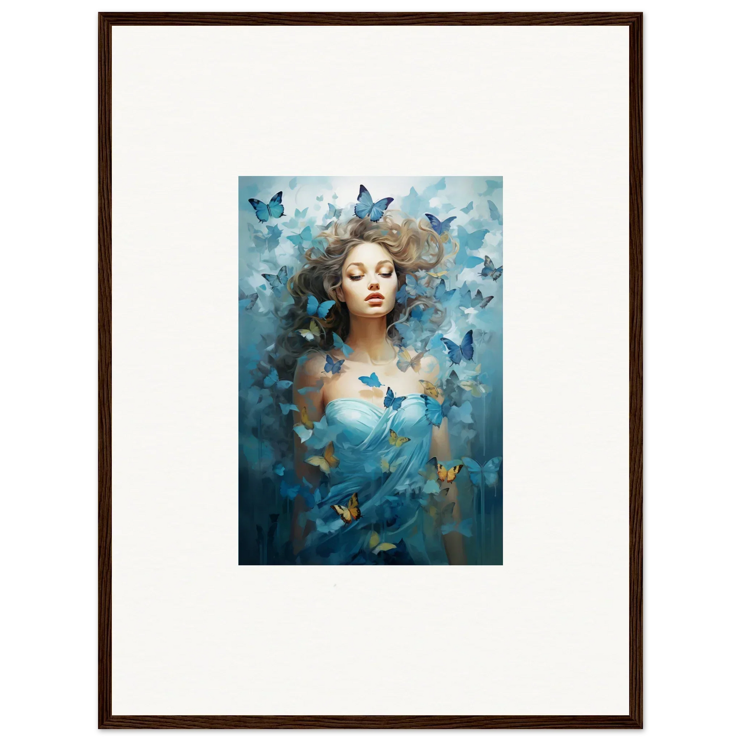 Framed canvas print of a woman with blue butterflies for dreamy room decoration