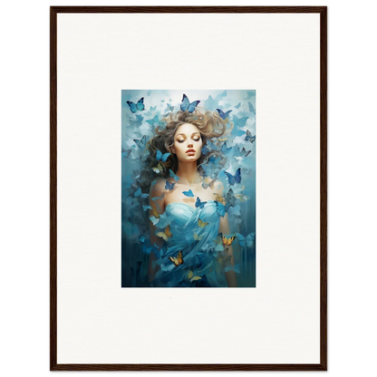 Framed canvas print of a woman with blue butterflies for dreamy room decoration