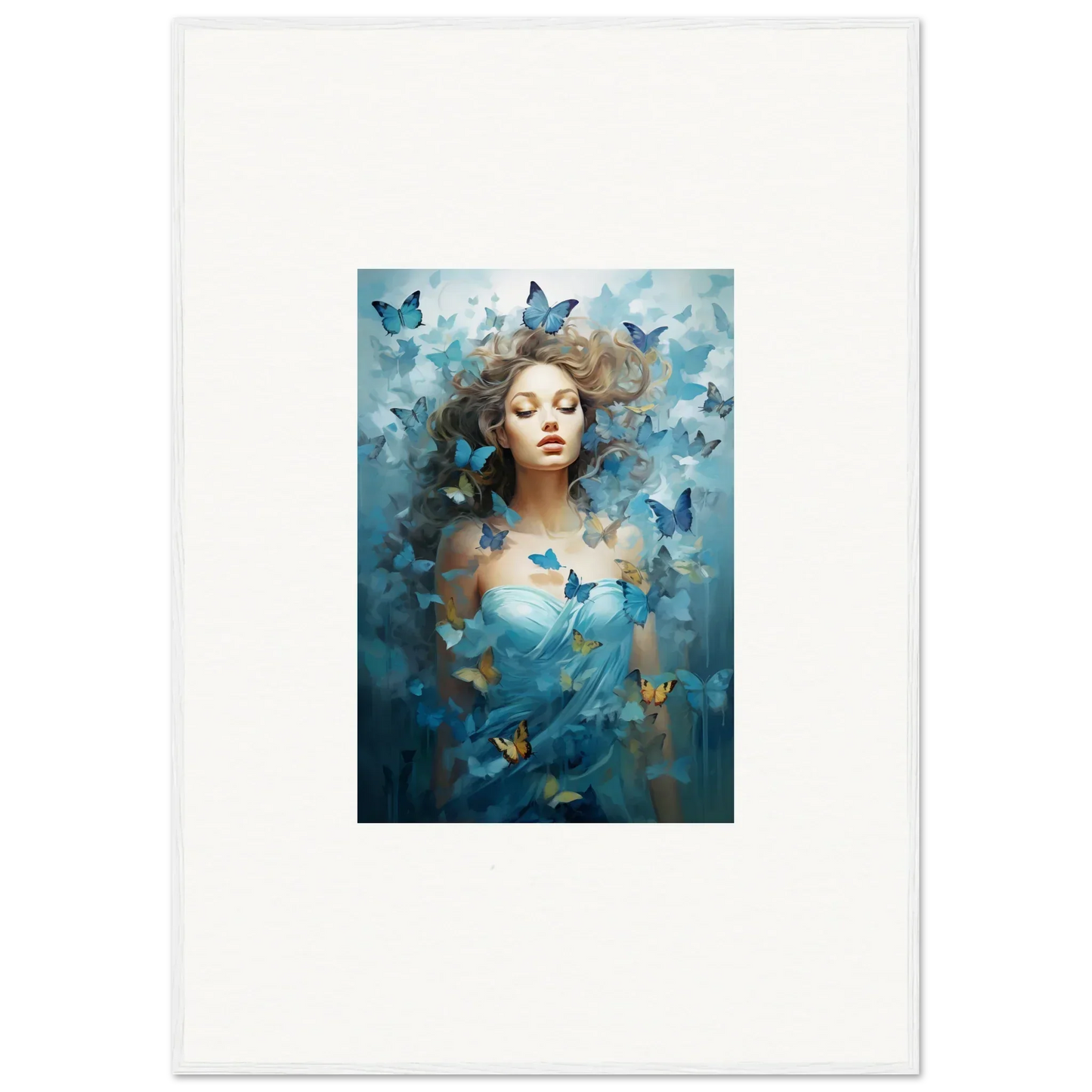 Artistic woman portrait with blue butterflies, perfect for Dream Symphonies room decoration