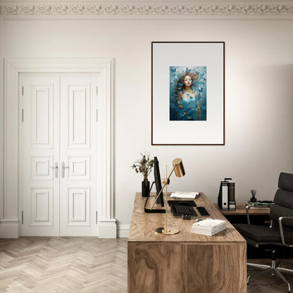 Elegant home office with Wooden Desk and Dream Symphonies Canvas Print on the wall