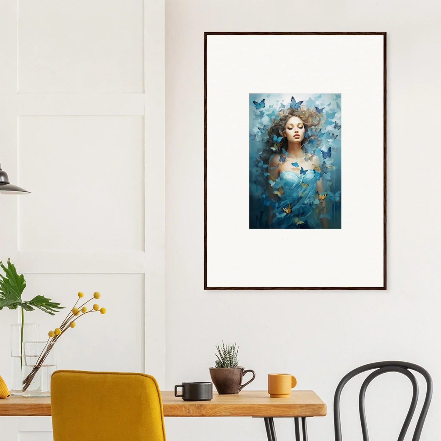 Framed canvas print of a woman with butterflies for dreamy room decoration