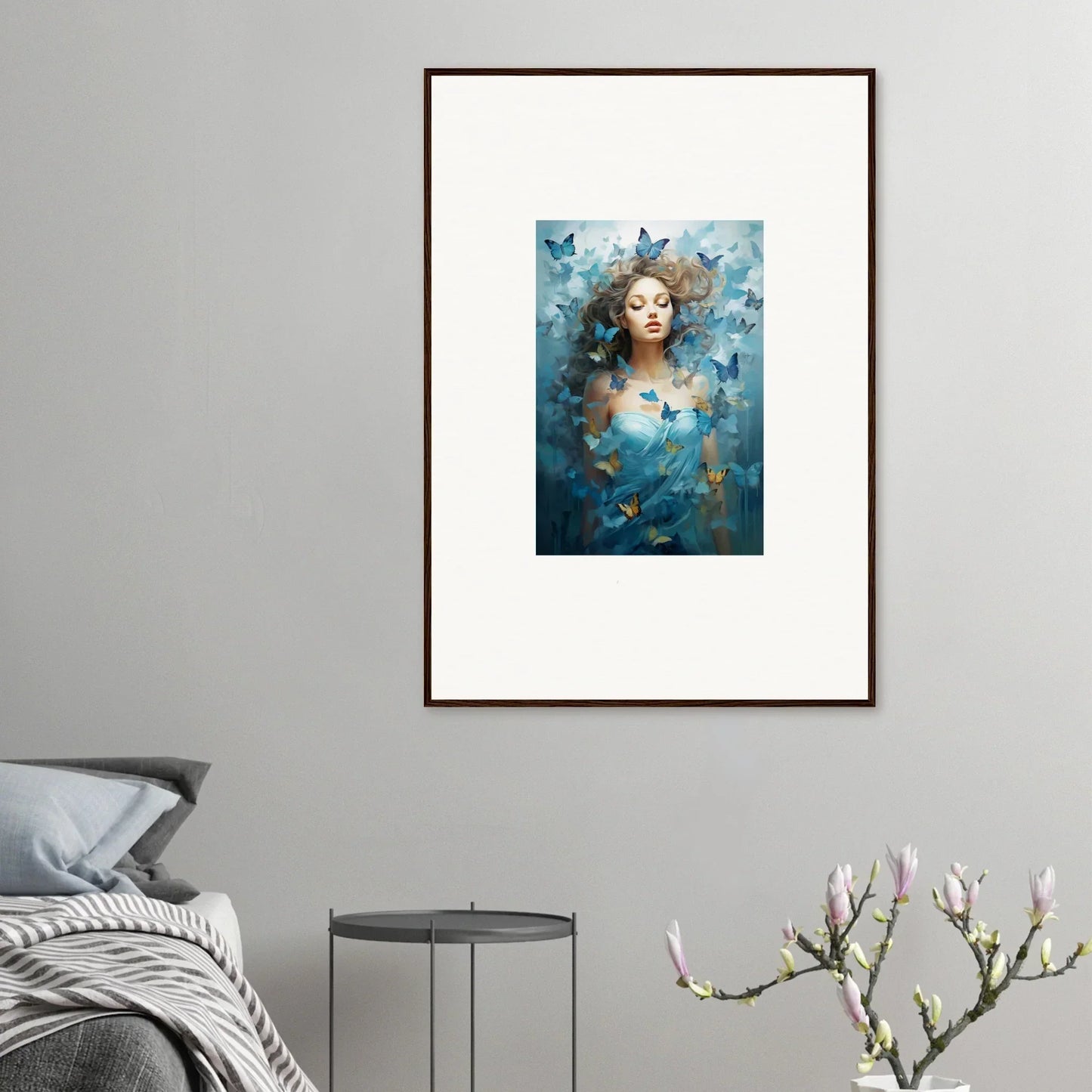 Framed canvas print of a woman with butterflies for dreamy room decoration