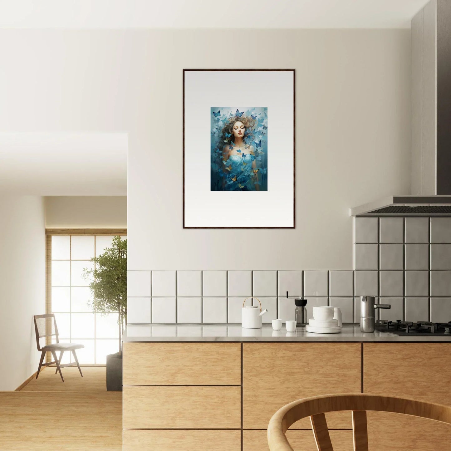 Framed canvas print of a person in blue water and flowers for dream symphonies room decoration