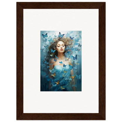 Framed canvas print of a woman with blue butterflies for dream symphonies room decoration