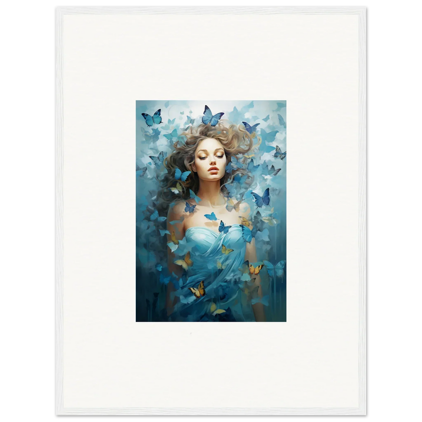 Surreal woman portrait with blue butterflies for dream symphonies room decoration canvas print