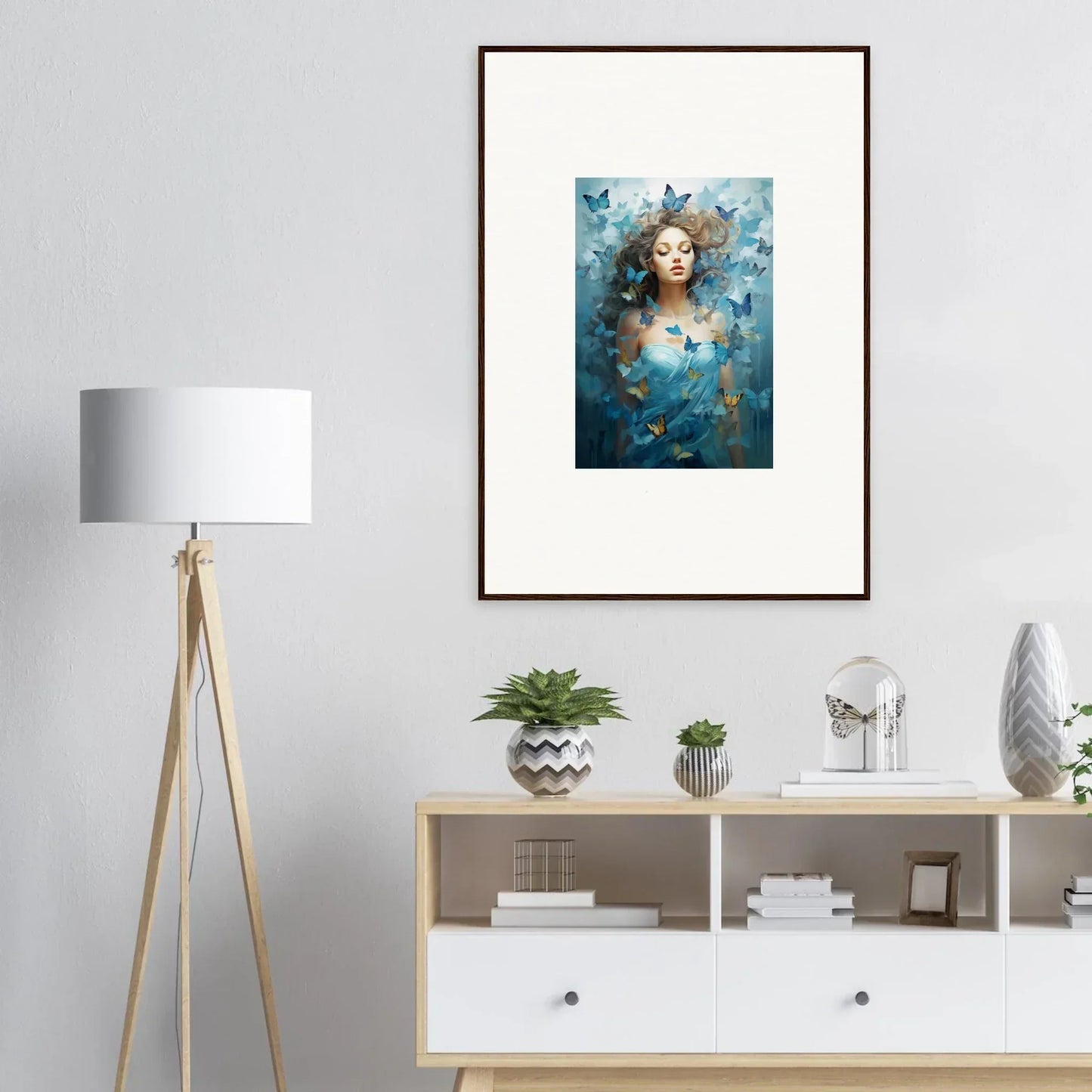 Framed canvas print of a woman with butterflies in a dreamy scene for room decoration