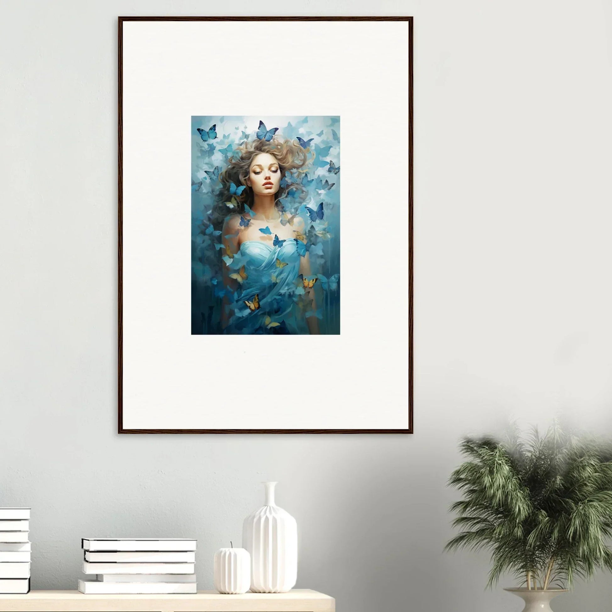 Framed canvas print of a woman with blue butterflies for dream symphonies room decoration