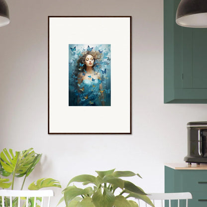 Framed canvas print of a woman’s face in blue tones with butterflies for dream symphonies