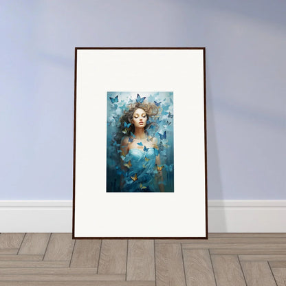 Framed canvas print of a woman with butterflies in dreamy blue for room decoration