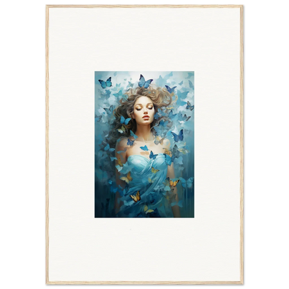 Framed canvas print of a woman with blue butterflies for dreamy room decoration