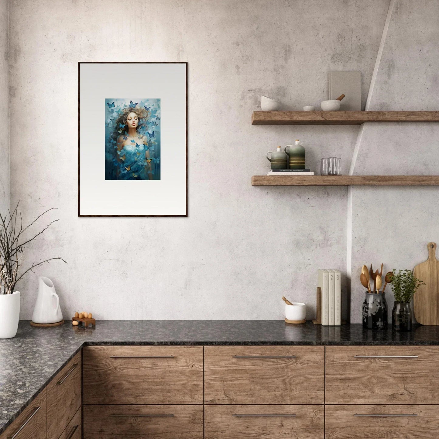 Framed canvas print of a person with butterflies and flowers in dreamy blue tones for room decoration