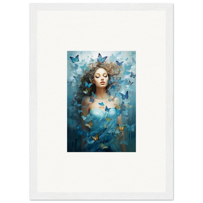 Framed canvas print of a woman with blue butterflies, perfect for dream symphonies decor