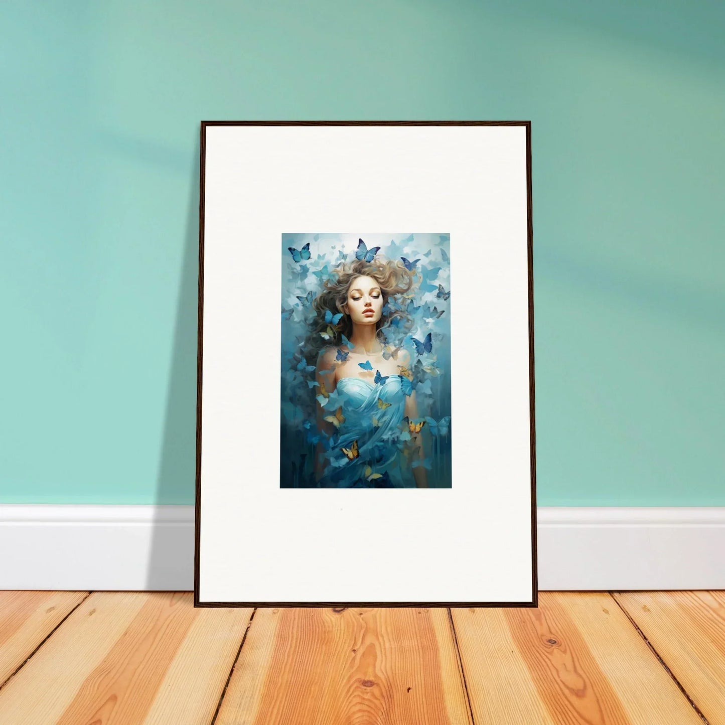 Framed canvas print of dreamy portrait with butterflies for vibrant room decoration