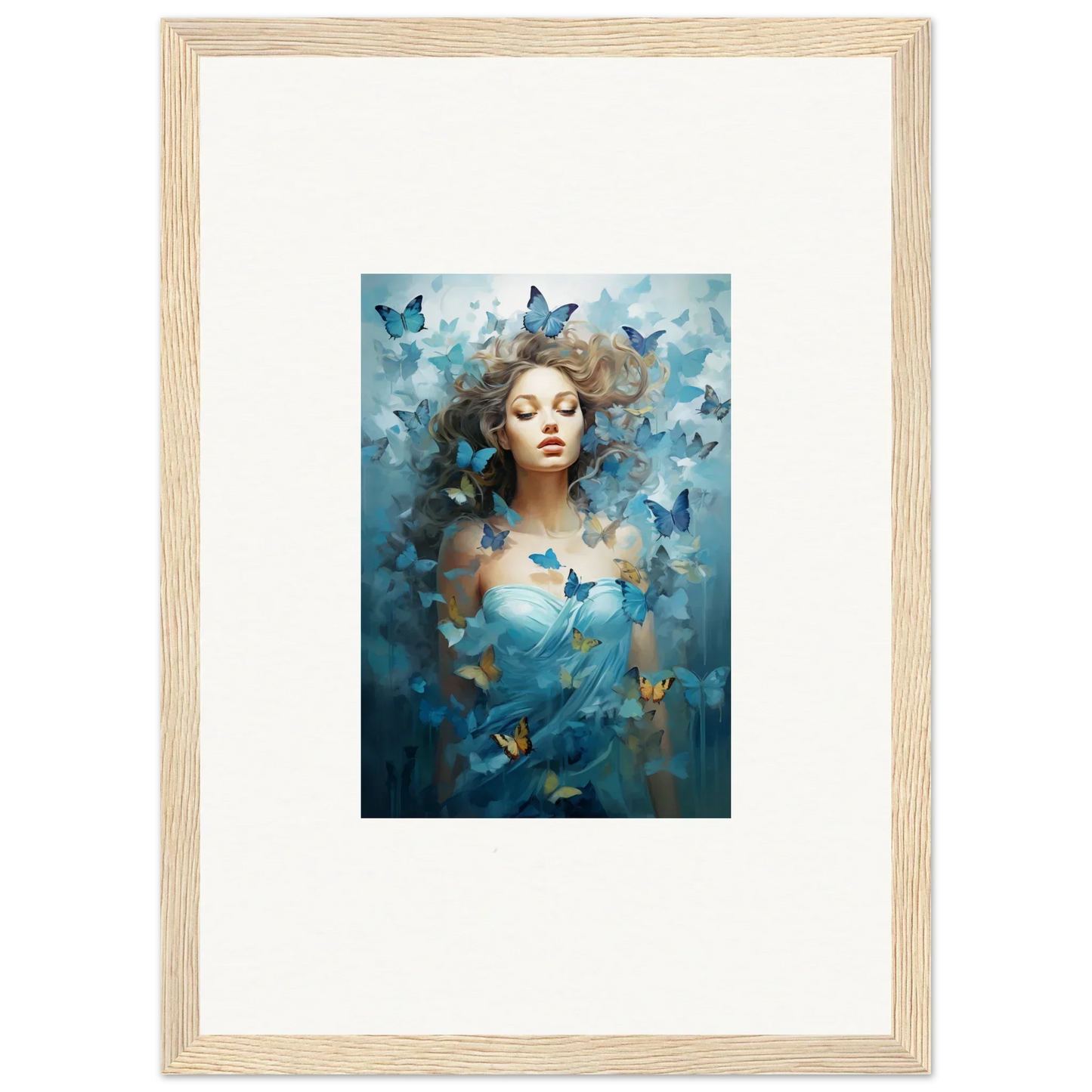 Framed canvas print of a woman with blue butterflies for dreamy room decoration