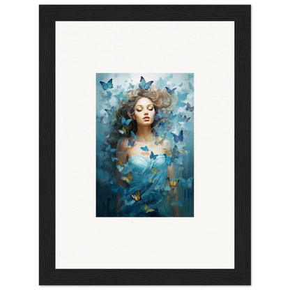 Framed canvas print of a woman and blue butterflies for dreamy room decoration