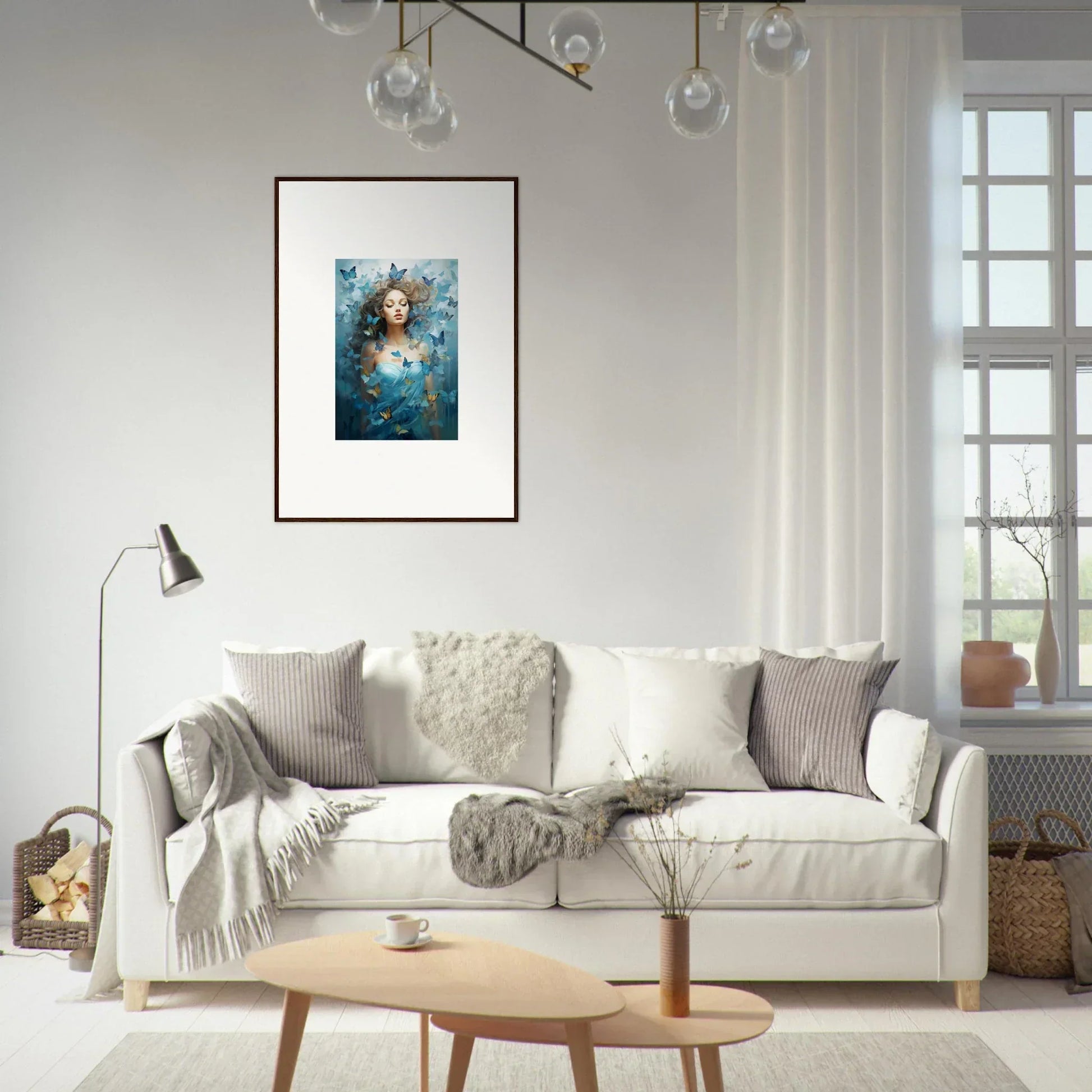 Cozy white sofa with pillows and blankets, perfect for your Dream Symphonies room decoration