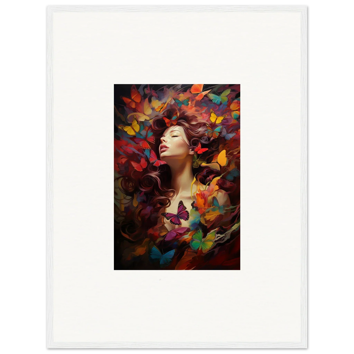 Colorful portrait of a woman with butterflies, perfect for dream cascade room decor