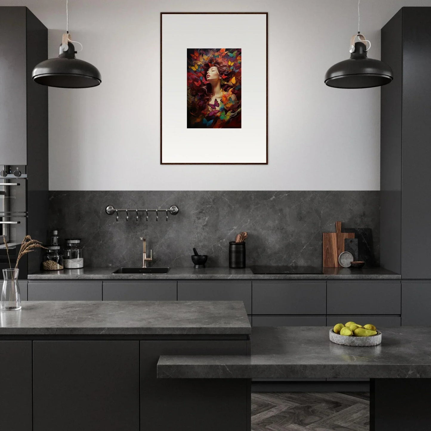 Modern kitchen with dark cabinetry, concrete countertops, and framed wall art decor