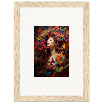 Framed wall art of a woman in a dream cascade with vibrant butterflies for room decor