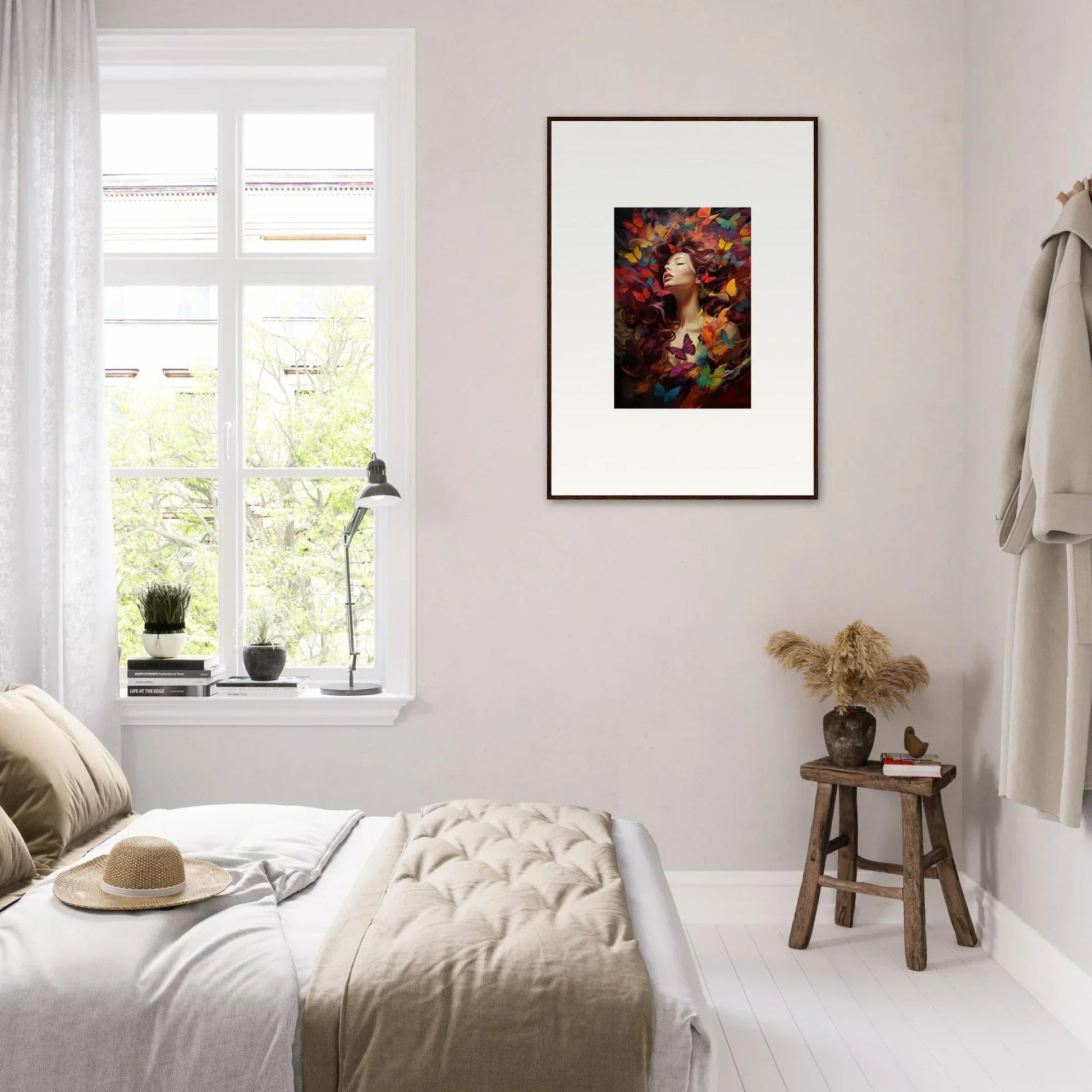 Framed wall art of a figure in colorful flowers, perfect for dream cascade room decor