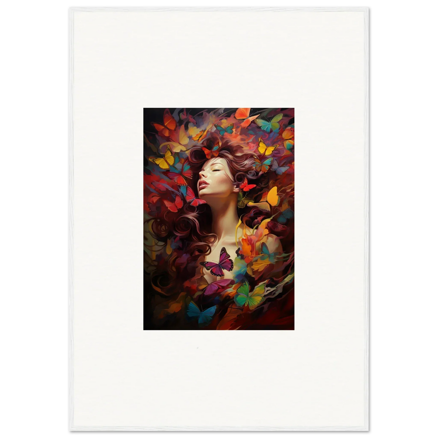 Colorful portrait of a woman with butterflies in a dreamy cascade for room decor