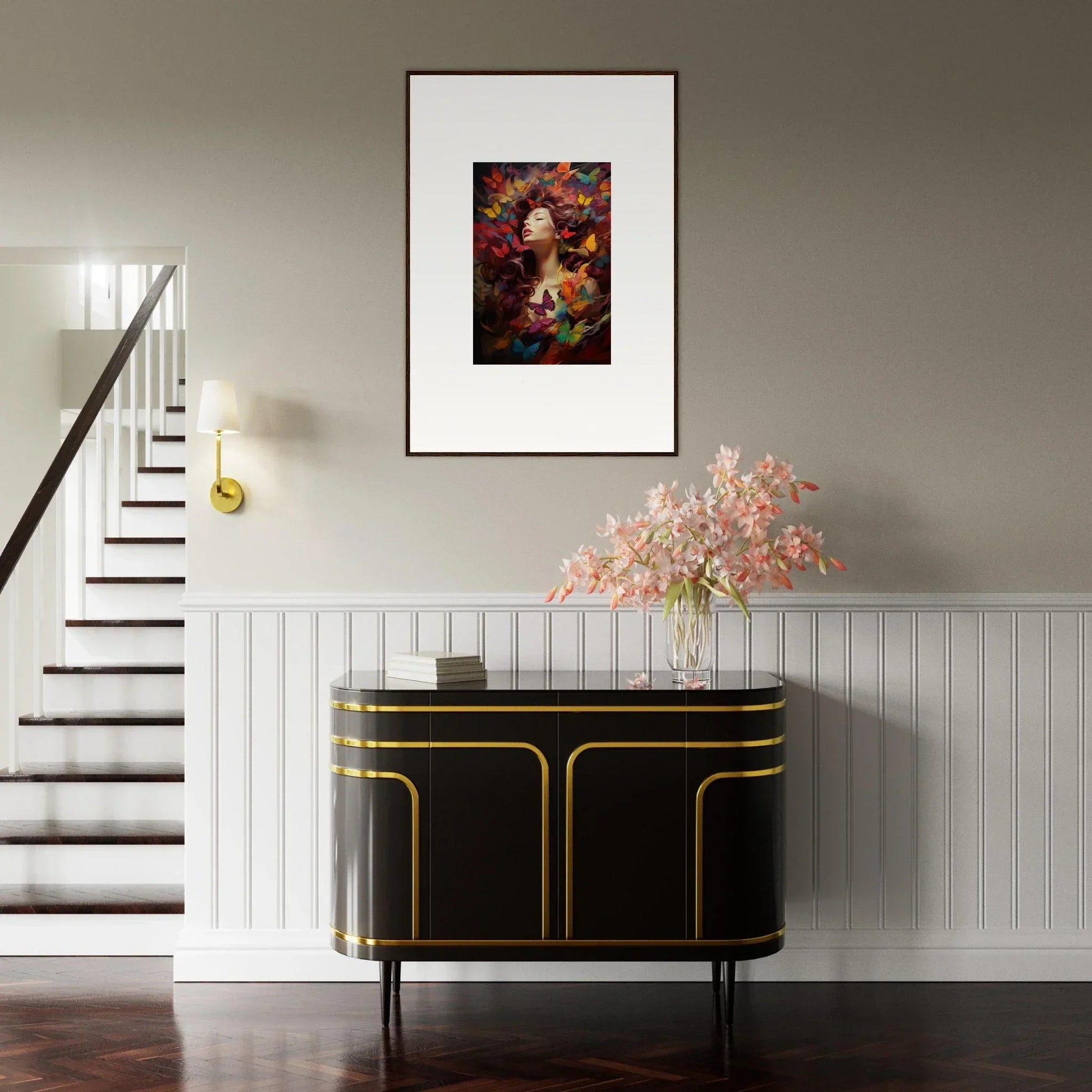 Framed wall art of a colorful abstract face above a black and gold sideboard, Dream Cascade