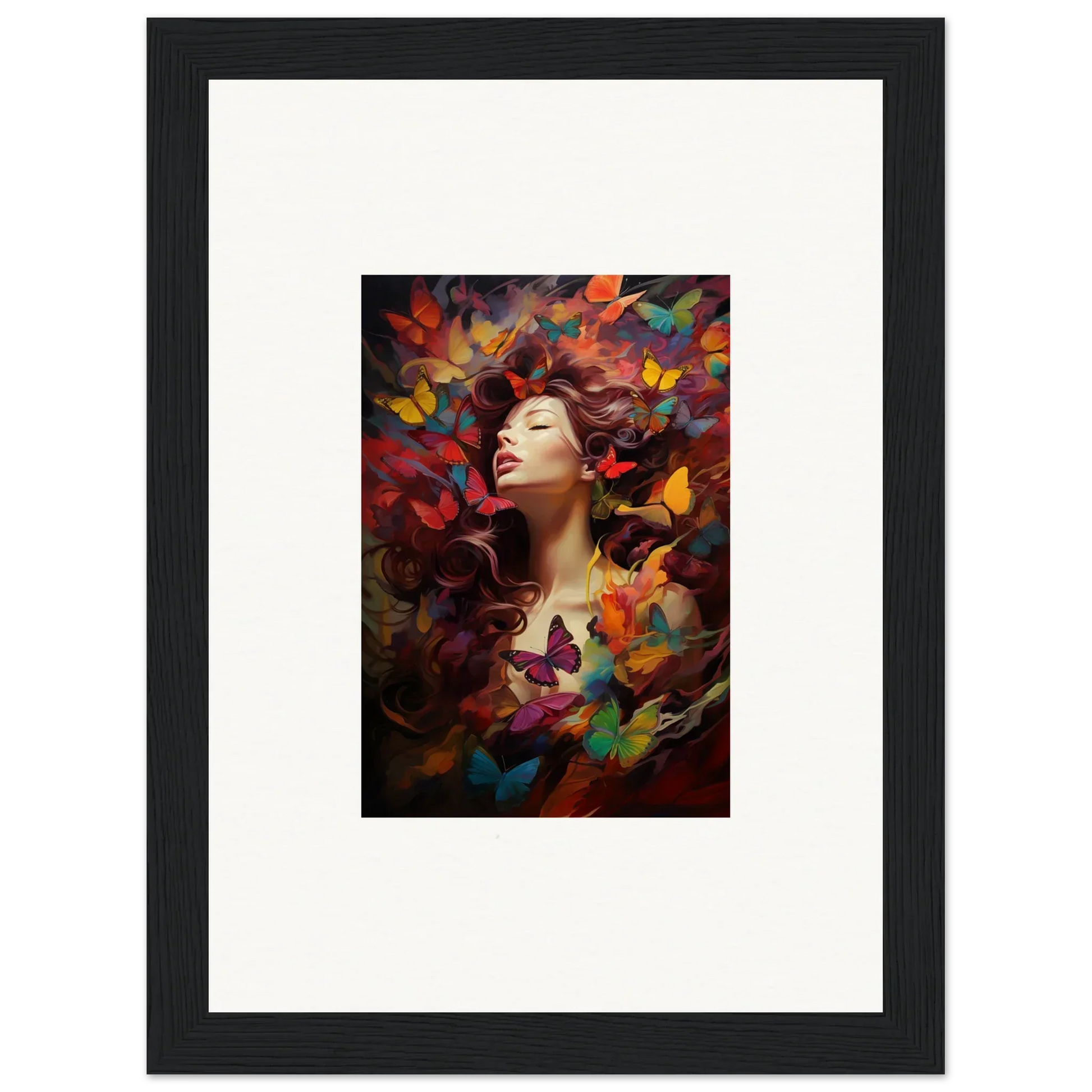 Framed wall art of a woman’s face in vibrant dream cascade for stylish room decor