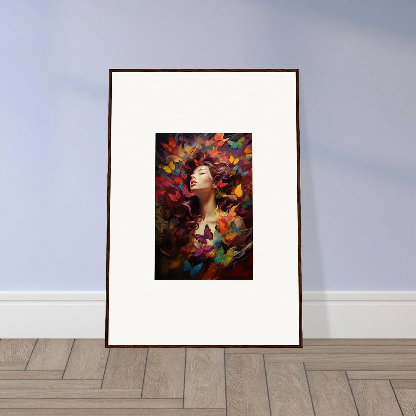 Framed wall art of Butterfly Dream Cascade with colorful portrait and vibrant decor