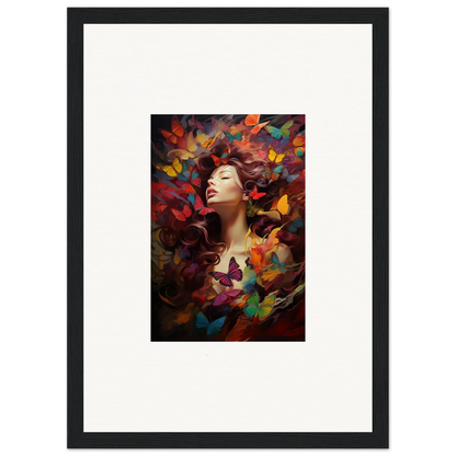 Framed wall art of a woman in a dream cascade with colorful butterflies and leaves