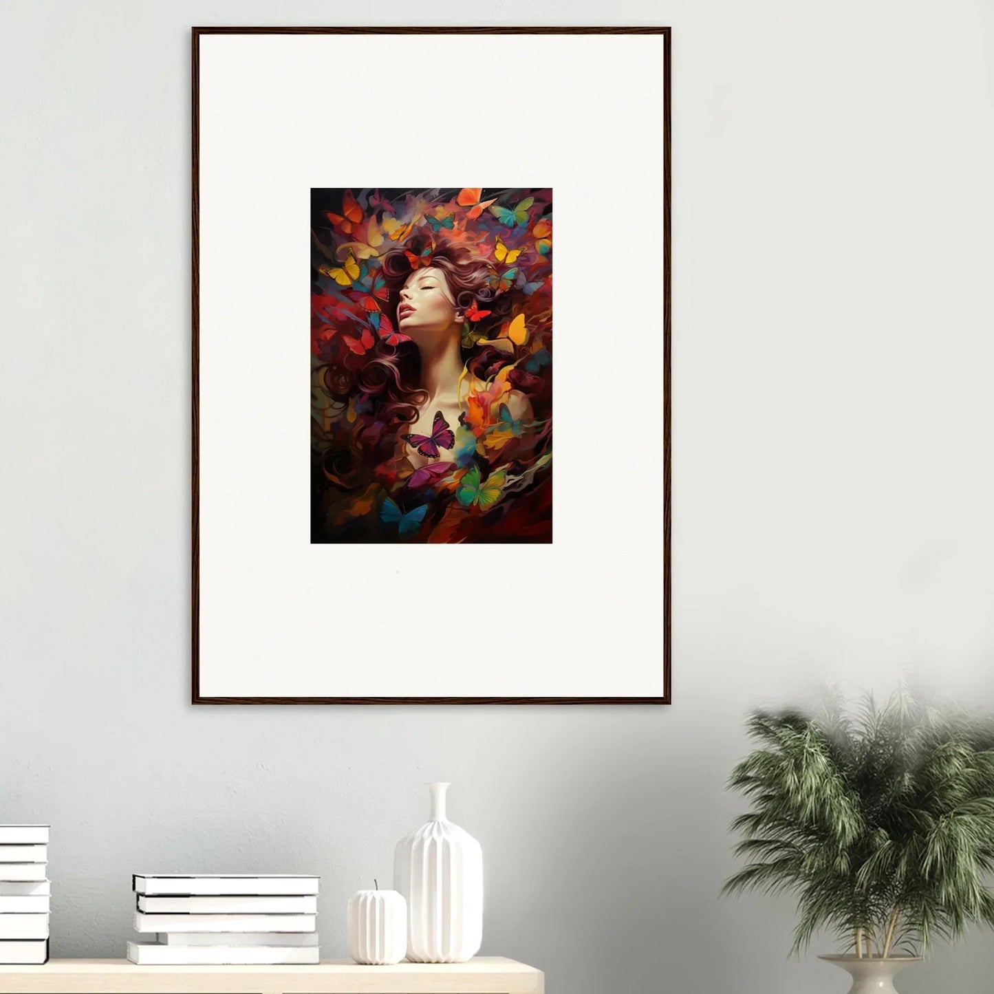 Framed wall art of a figure in colorful autumn leaves for dream cascade room decor