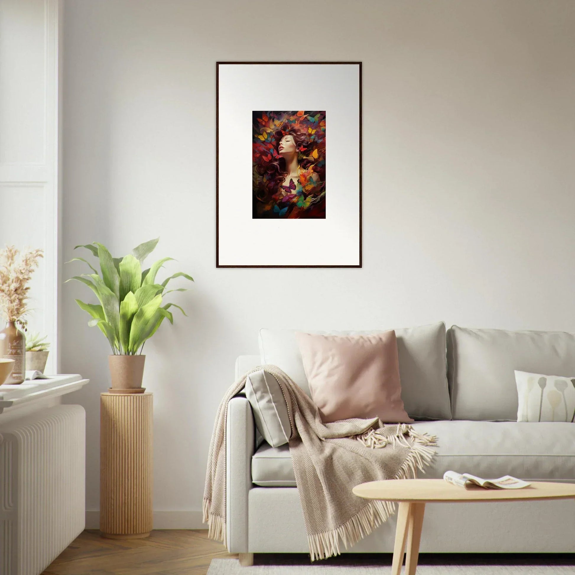 Framed wall art of a woman with flowers and butterflies for dreamy room decor