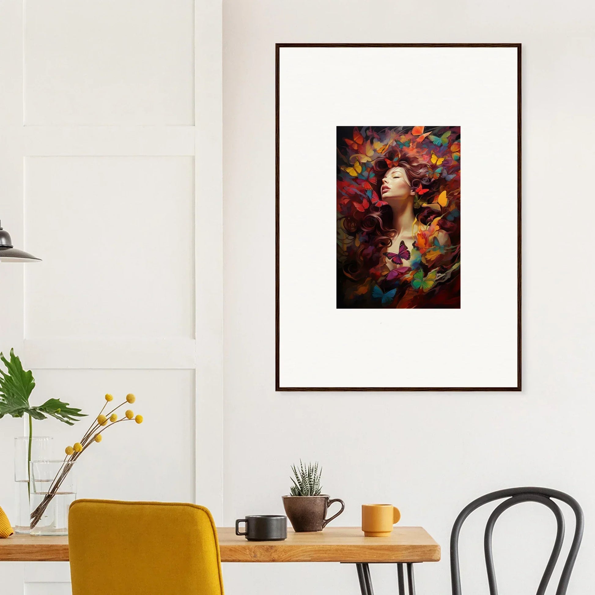 Framed wall art of a person in a vibrant dream cascade with colorful leaves for room decor