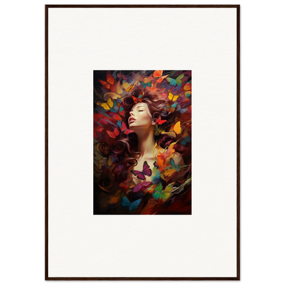 Framed wall art of a woman in a dream cascade with colorful butterflies for room decor