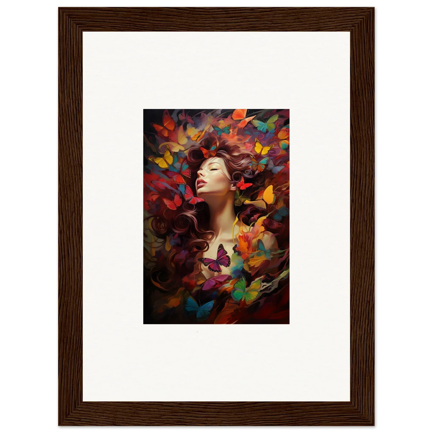 Framed wall art of a woman amid colorful butterflies, a dream cascade for room decor