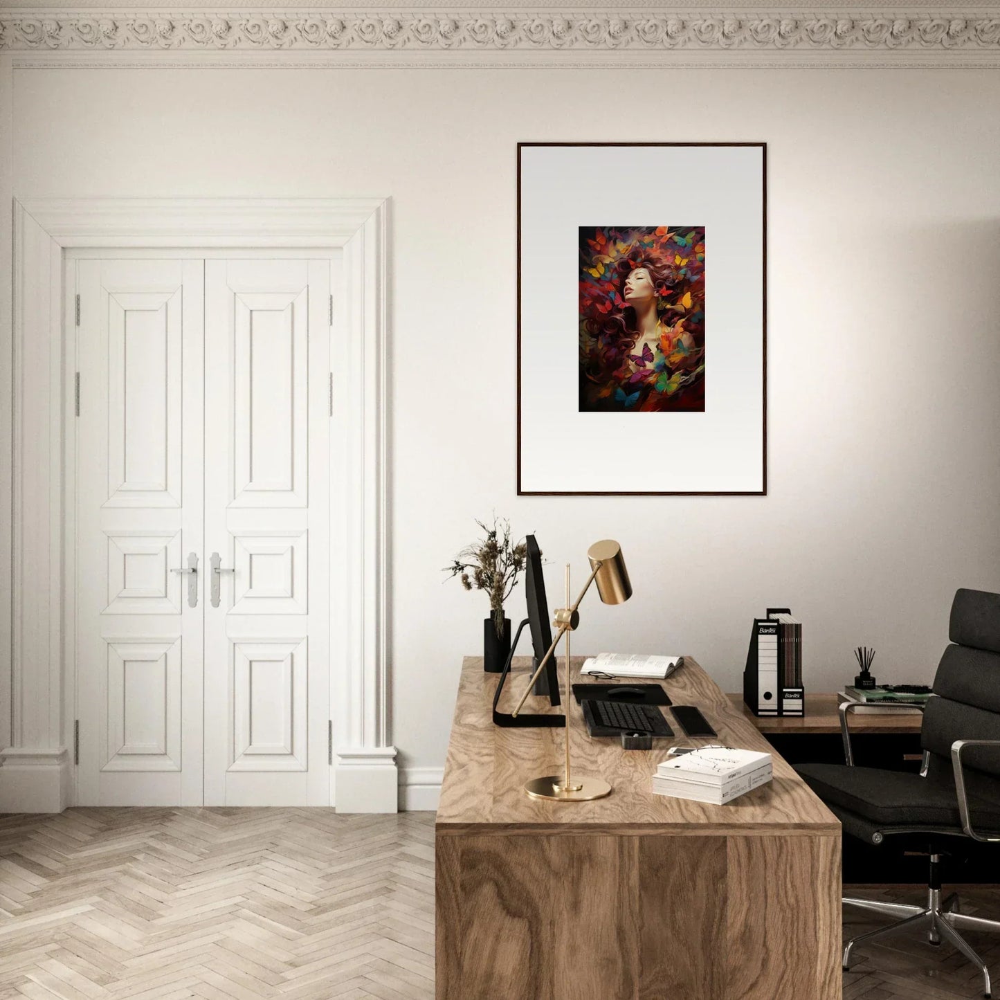 Elegant home office with wooden desk, framed wall art, and Dream Cascade decor