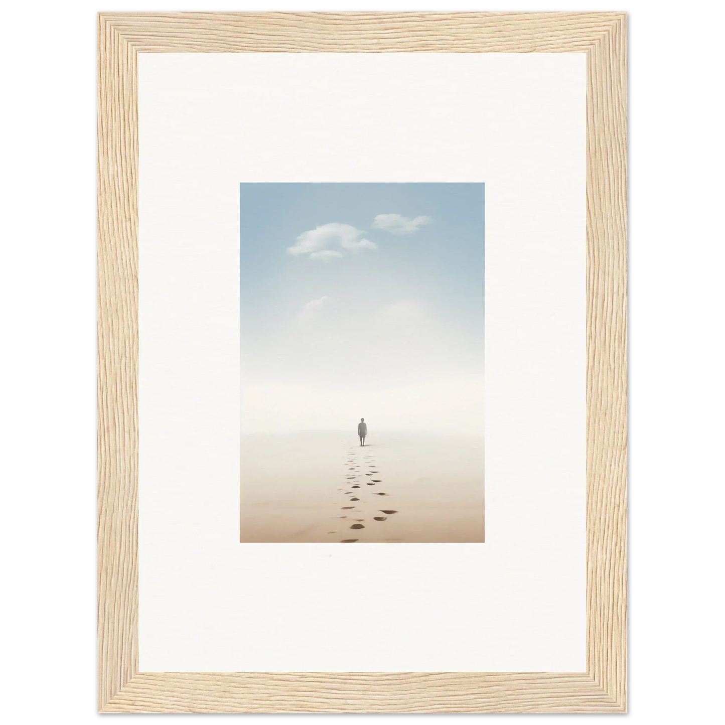 Framed wall art of a solitary figure on a misty beach captures entwined nostalgia