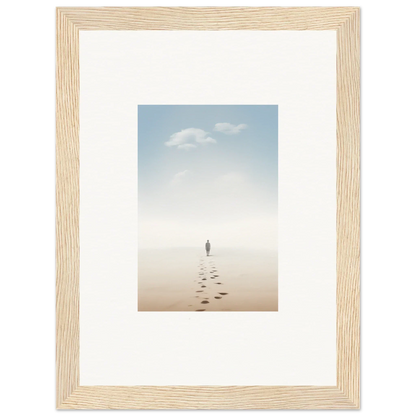 Framed wall art of a solitary figure on a misty beach captures entwined nostalgia