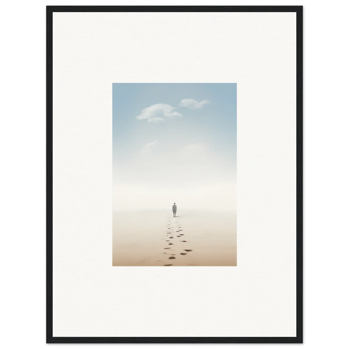 Framed wall art of a solitary figure on a misty beach evokes entwined nostalgia