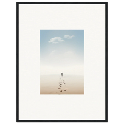 Framed wall art of a solitary figure on a misty beach evokes entwined nostalgia