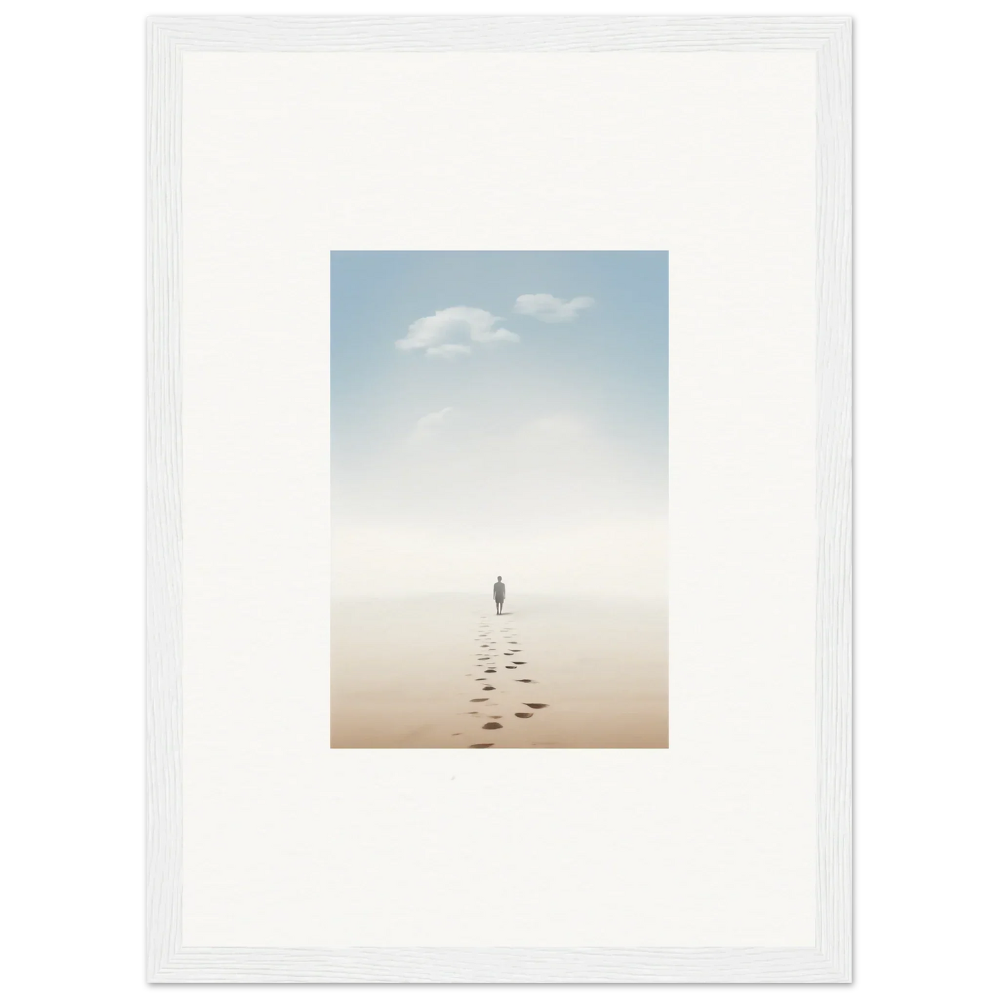 Solitary figure on a misty beach, symbolizing Entwined Nostalgia in framed wall art