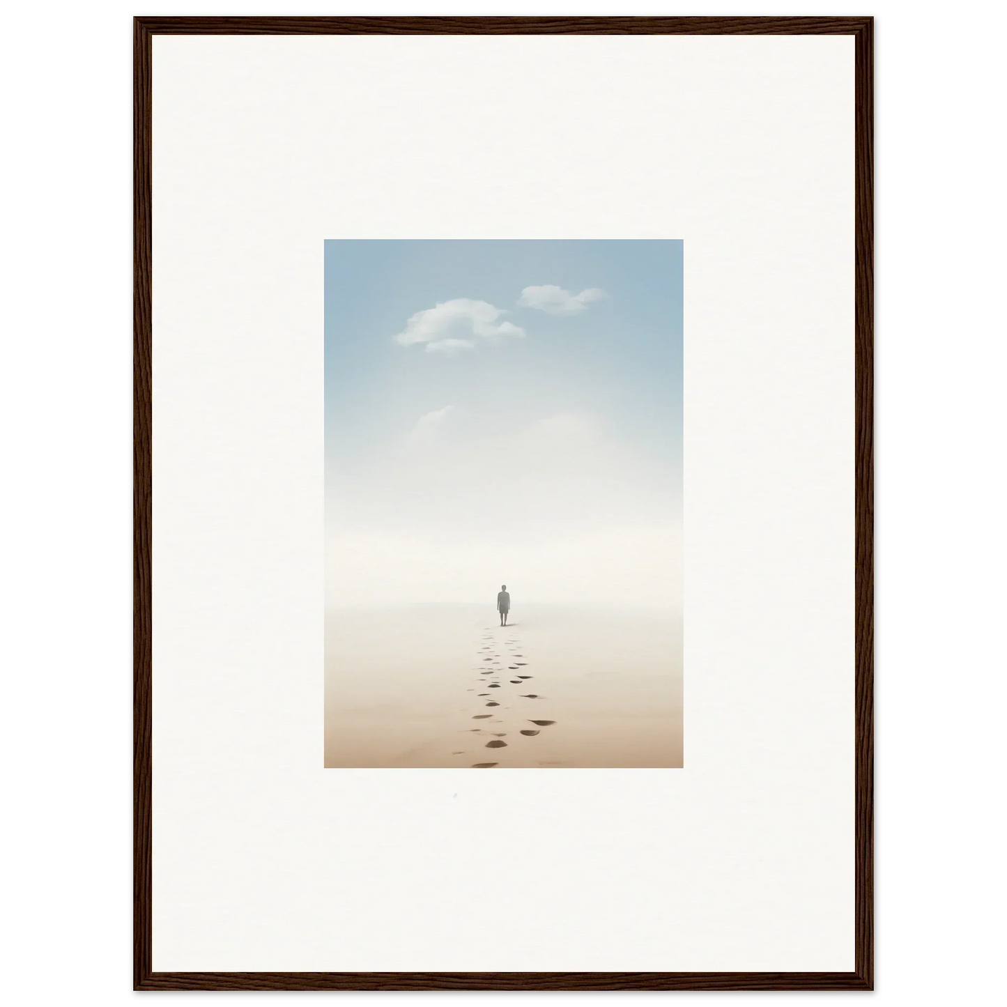 Framed wall art of a solitary figure on a misty beach, evoking entwined nostalgia