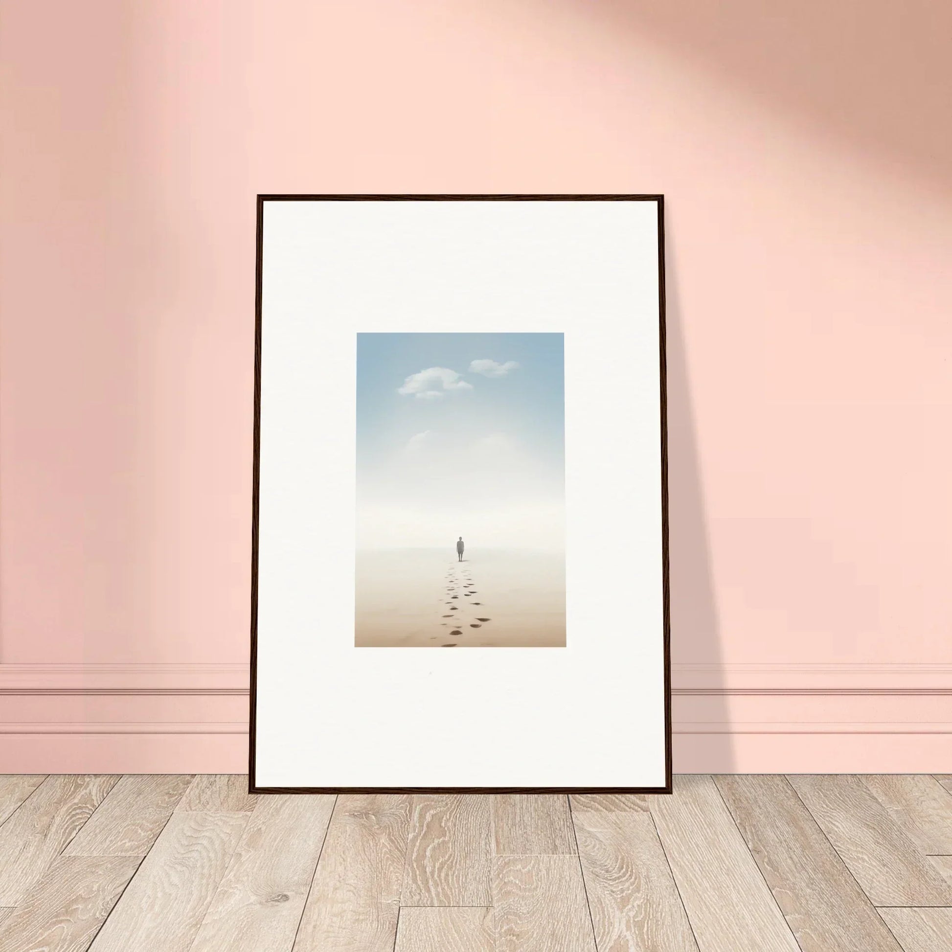 Framed wall art of a solitary figure on a beach, embodying entwined nostalgia