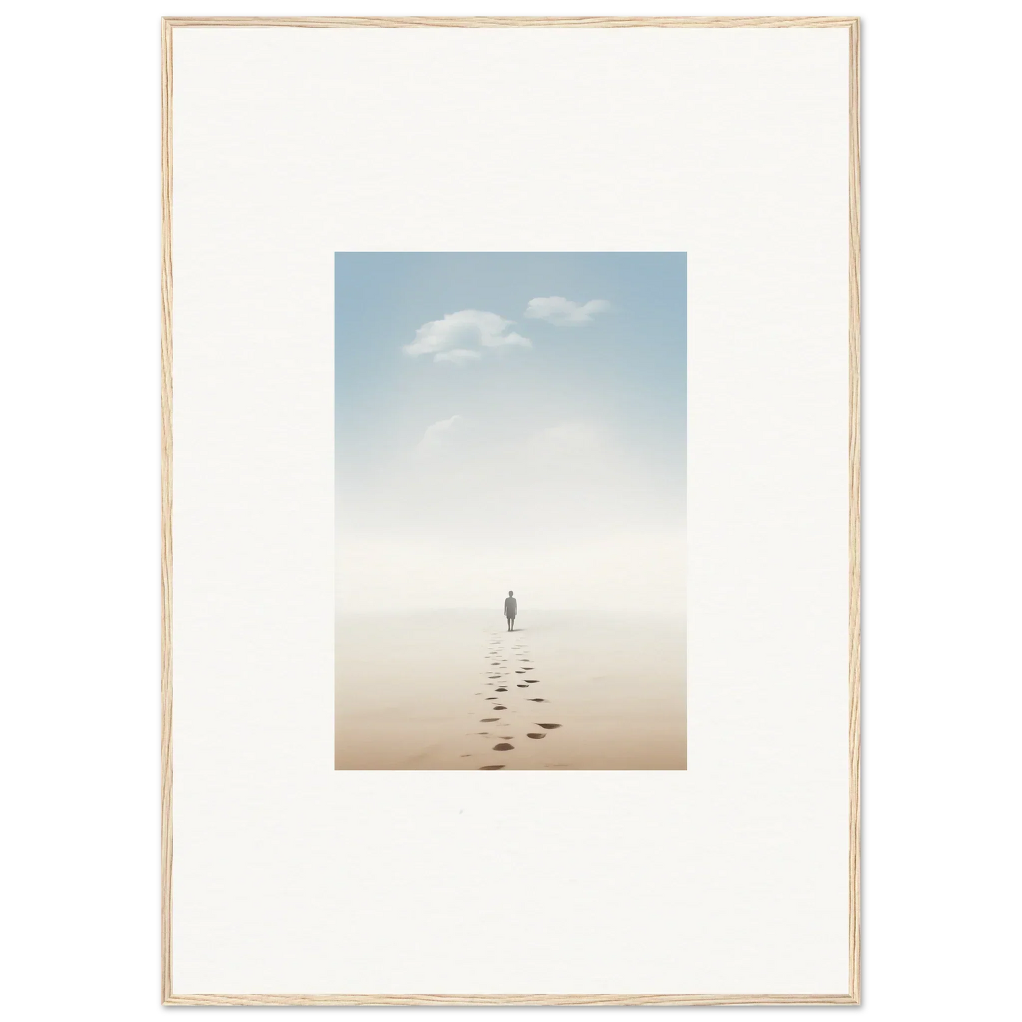 Framed wall art of a figure on a misty beach embodies entwined nostalgia for room decor