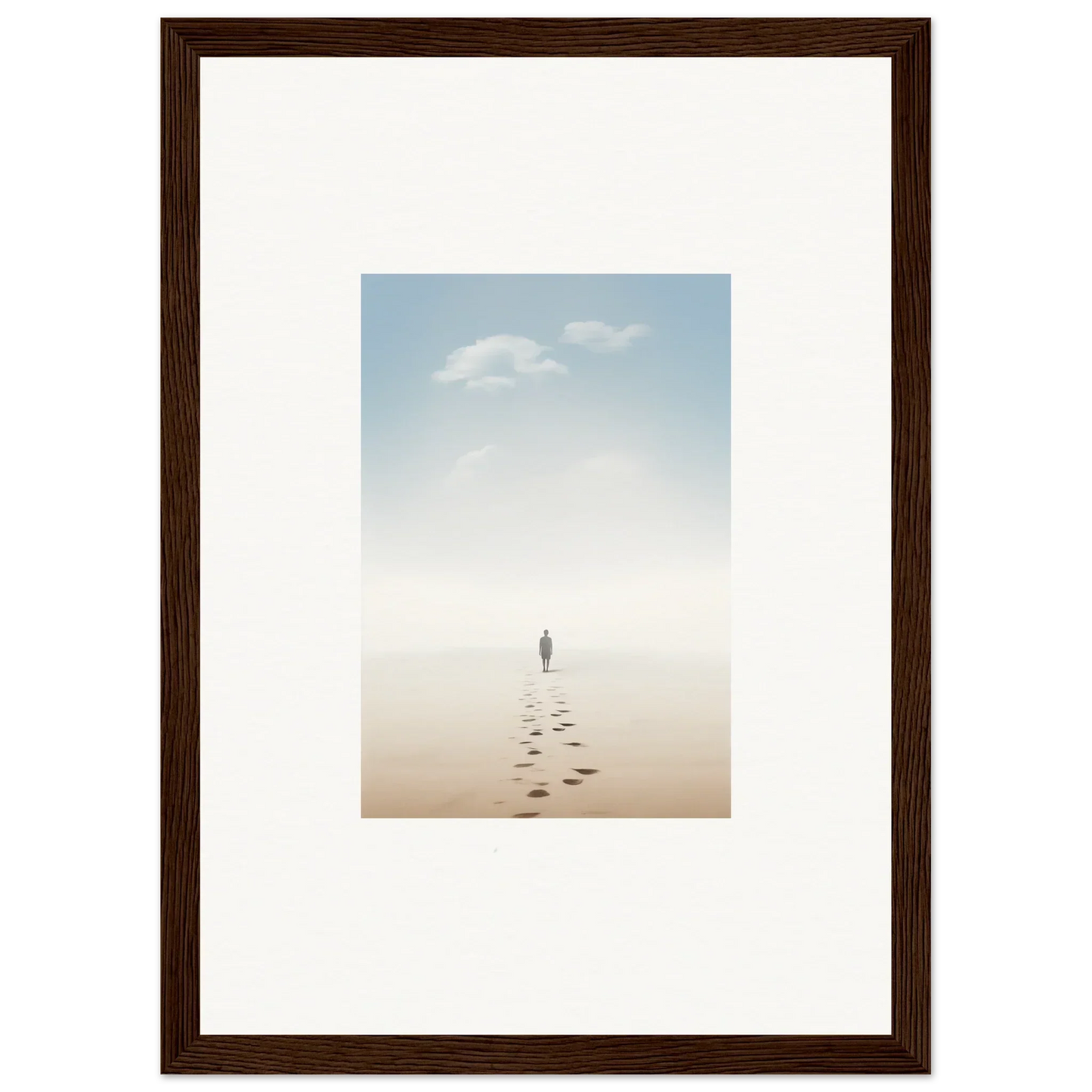 Framed wall art of a solitary figure on a misty beach, capturing entwined nostalgia