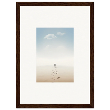 Framed wall art of a solitary figure on a misty beach, capturing entwined nostalgia